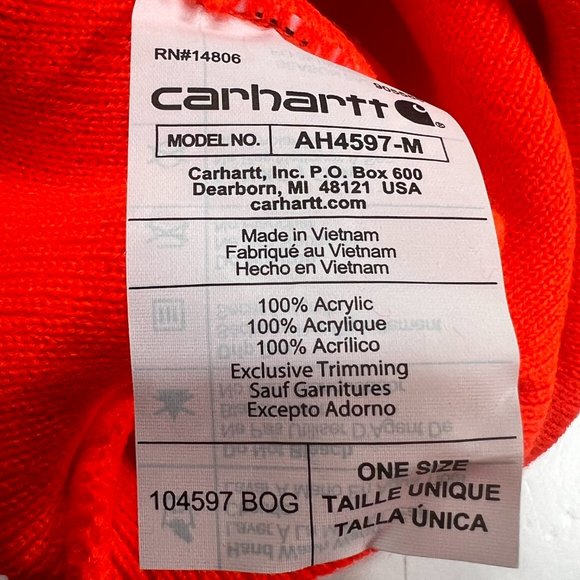 Carhartt Knit Cuffed Beanie New Bright Orange Kindly Logo 104597 NWT Hat - Picture 2 of 6